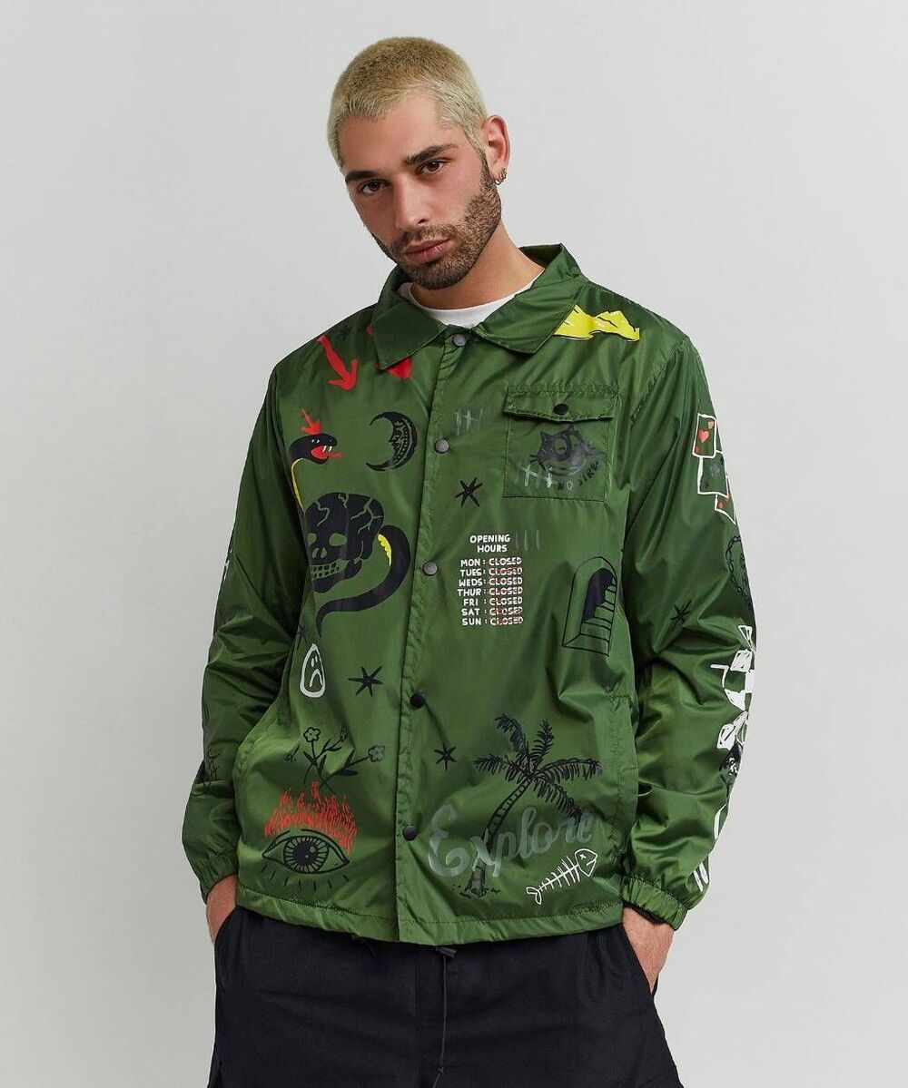 New XL Reason Gritty Coach Jacket Oilve Green Front Snap Long Sleeve Windbreaker